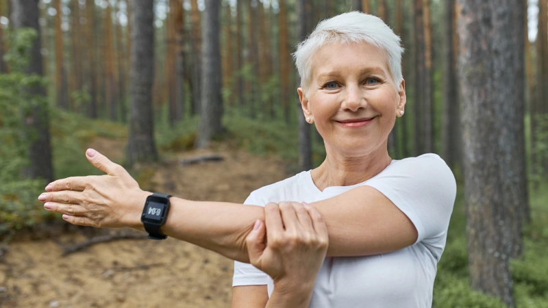 Ältere Frau macht Stretchübung im Wald.