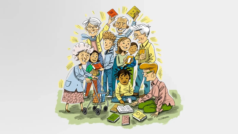 Eine Kinderzeichnung mit Kindern, Jugendlichen und älteren Menschen, die Bücher in den Händen halten.