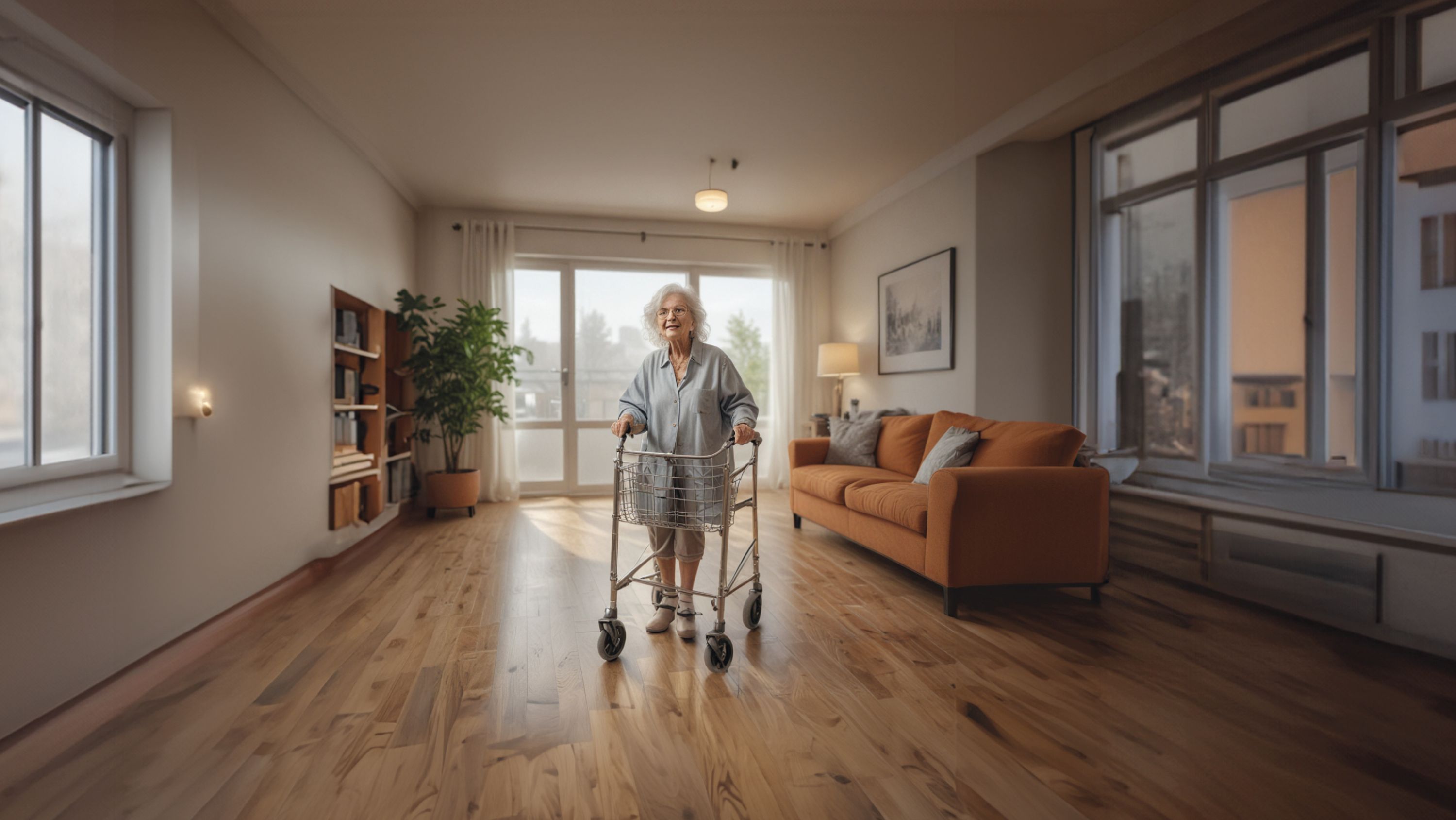 Eine glückliche Frau mit einem Rollator zeigt ihre wunderschöne Wohnung