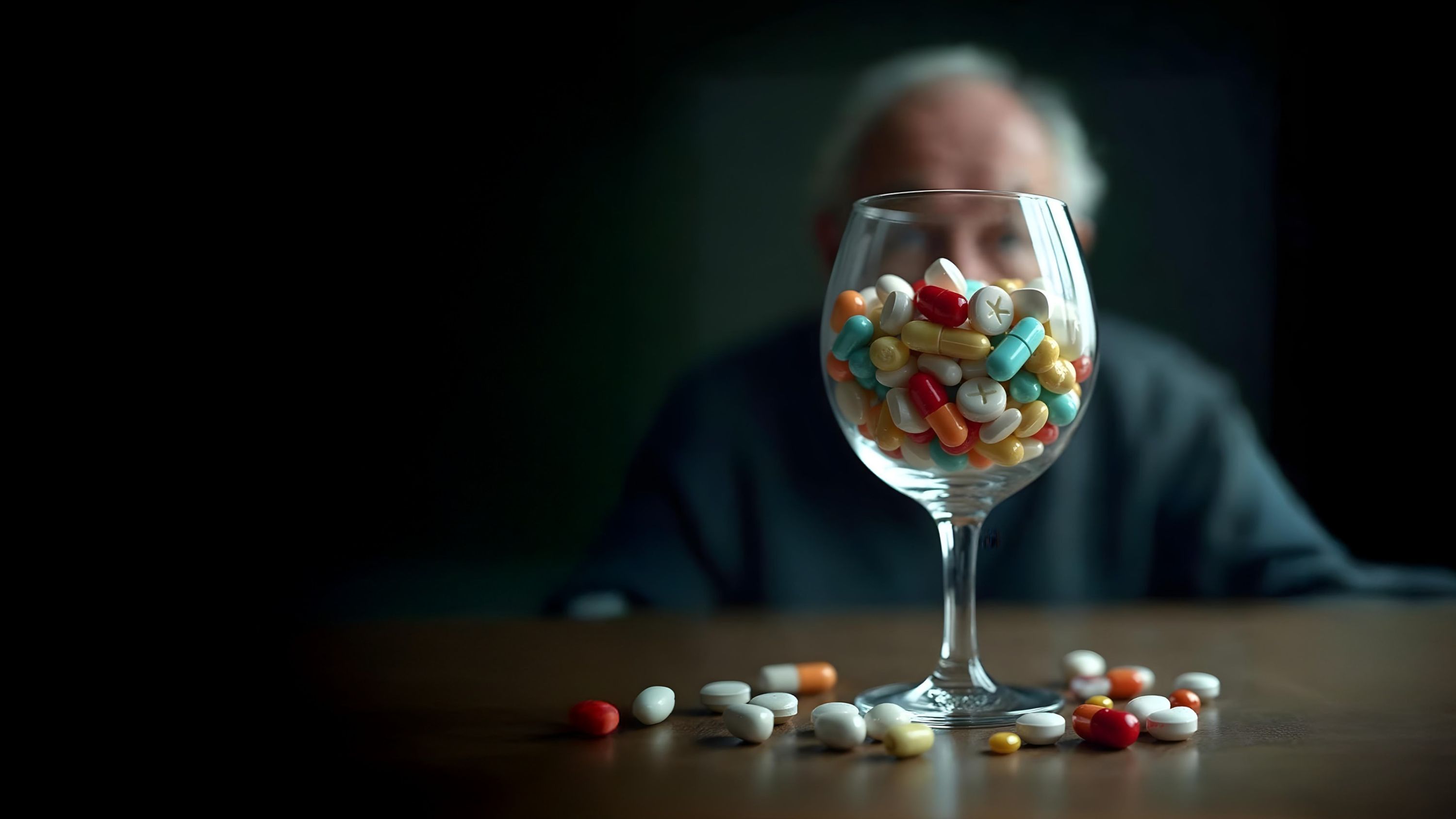 Un homme est assis devant un verre de vin rempli de pilules.